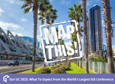 View of the San Diego Convention Center lined with palm trees under a blue sky, with downtown high-rises in the background. Overlaid text reads "MAP THIS! geo-jobe.com." A purple banner at the bottom says, "Esri UC 2025: What To Expect from the World's Largest GIS Conference," with the GEO Jobe logo on the left.