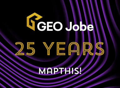 GEO Jobe 25 Years MAPTHIS! graphic with gold text on a black background featuring flowing purple wave patterns.